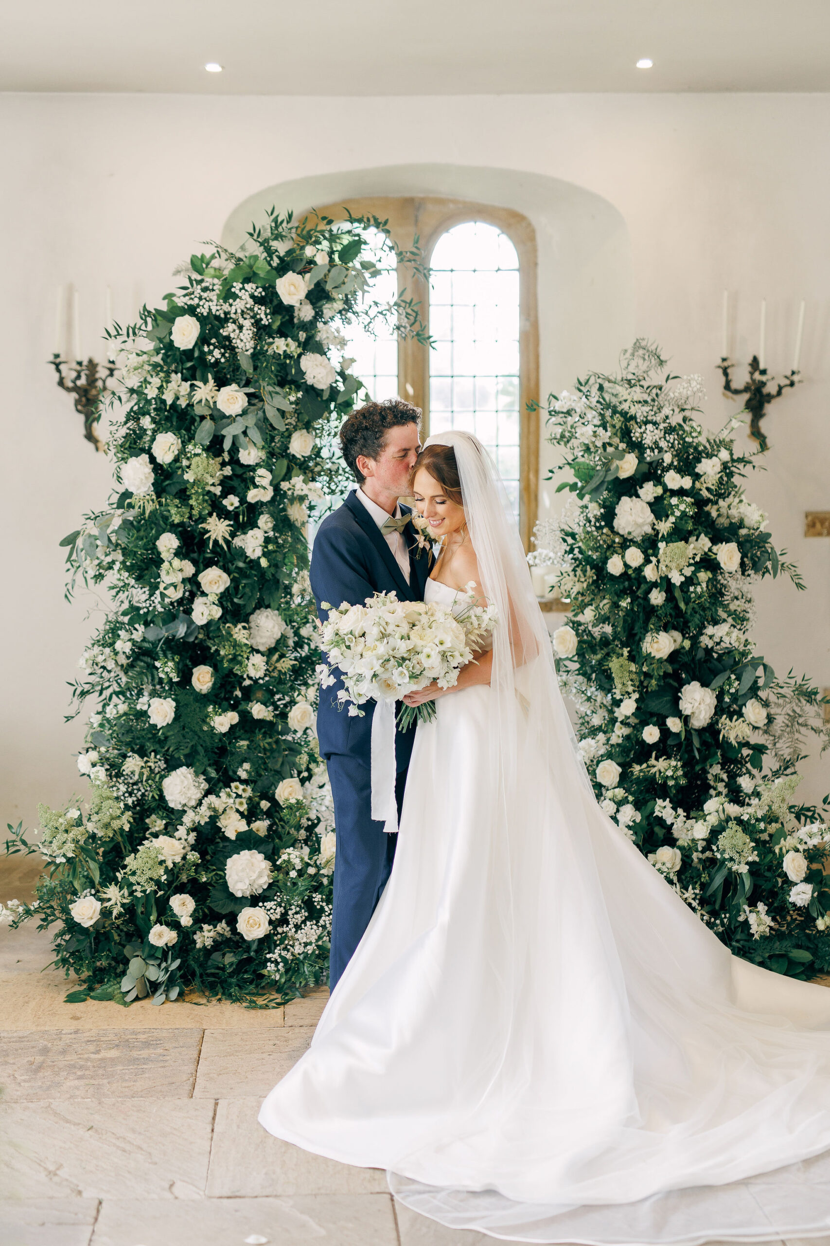 Brympton House wedding florist Flourish and Grace with White Stag Weddings Photography green and white country manor house wedding, asymmetrical open ceremony arch