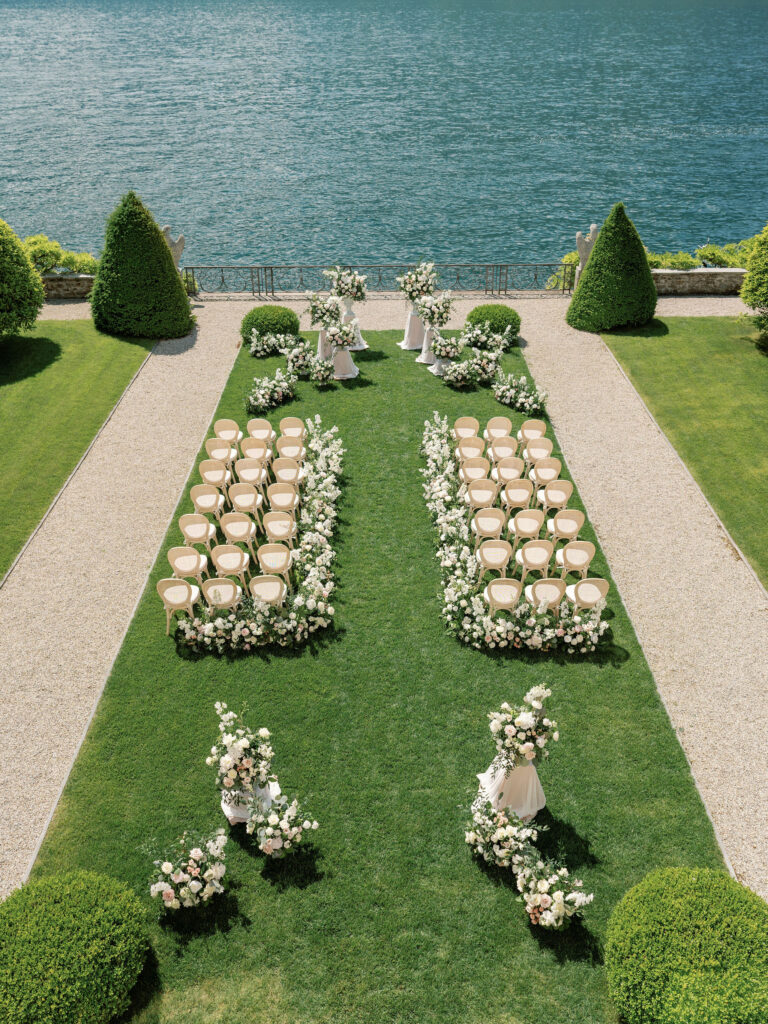 ceremony flowers at luxury destination wedding at Villa Balbiano, Lake Como